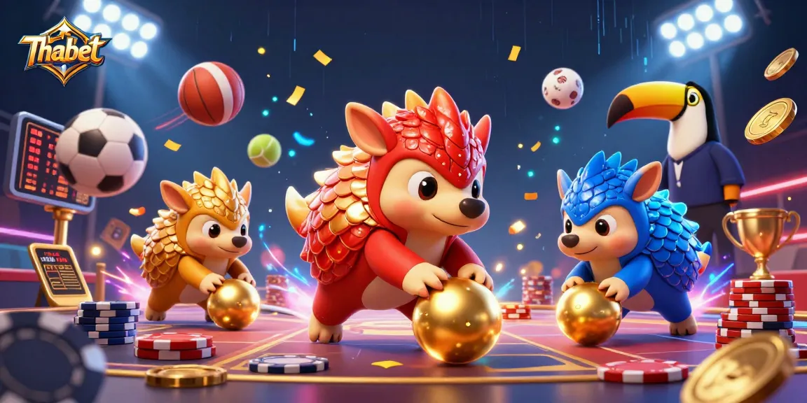 Thabet pangolins engaging in a dynamic casino game with poker chips, showcasing vibrant 3D art.