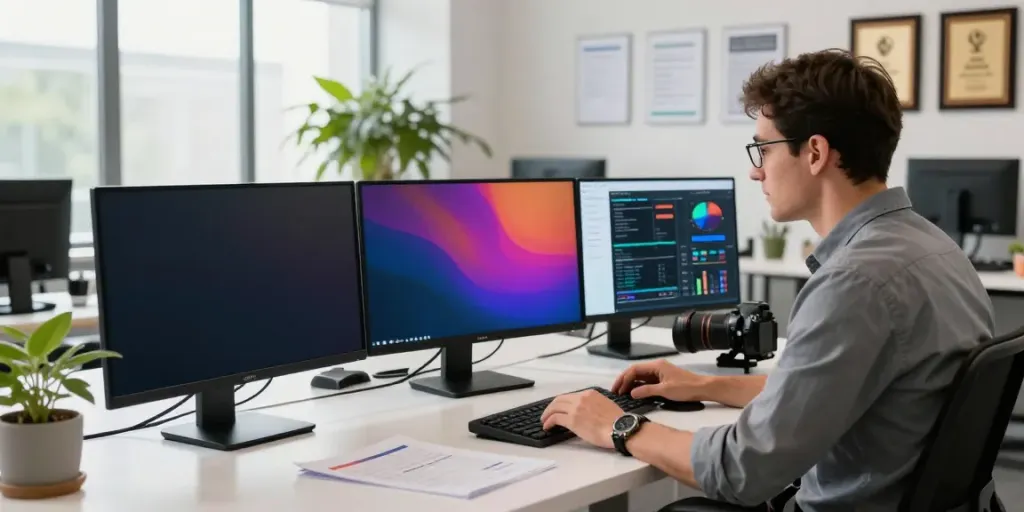 SEO expert analyzing data on multiple screens, showcasing https://go889.de.com/ in a modern workspace.