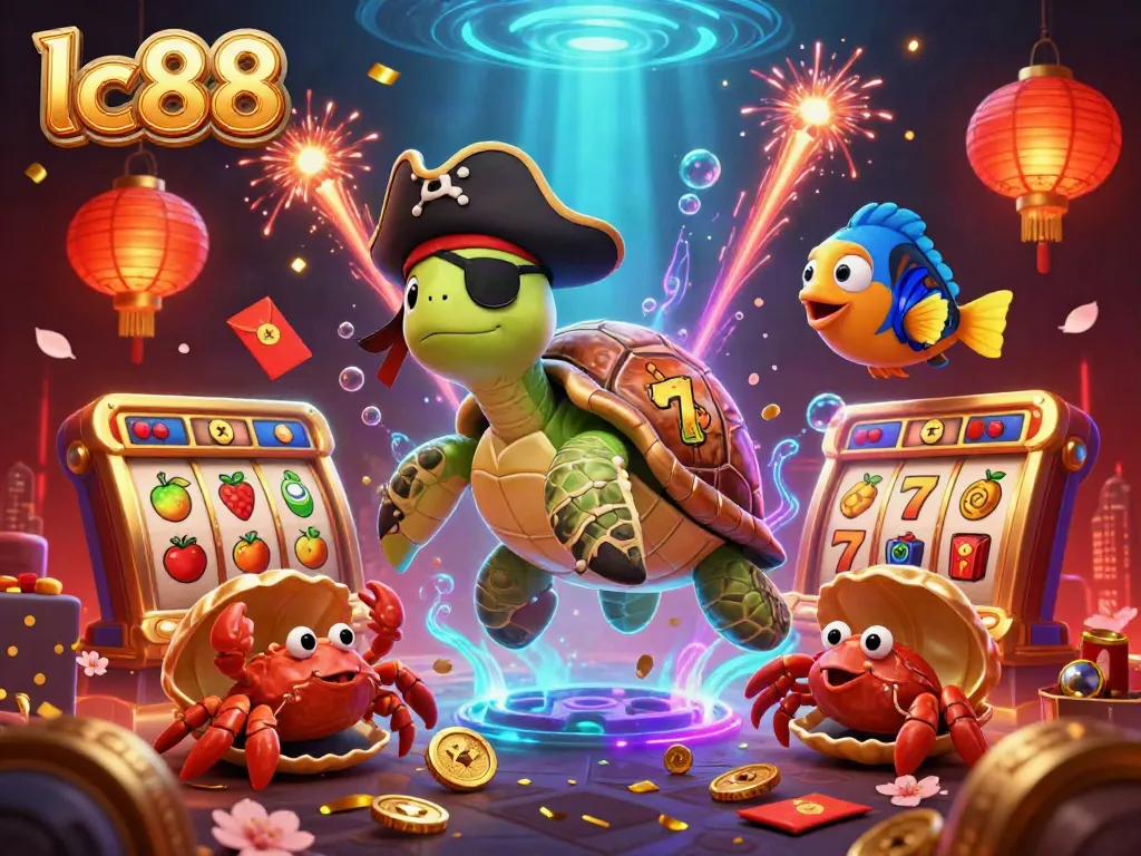 Spin the reels at lc88 with a pirate turtle navigating treasure amidst dynamic casino elements.