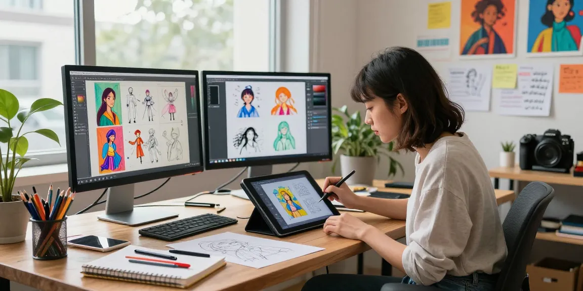 Creative artist crafting NSFW AI digital images in vibrant studio setting.