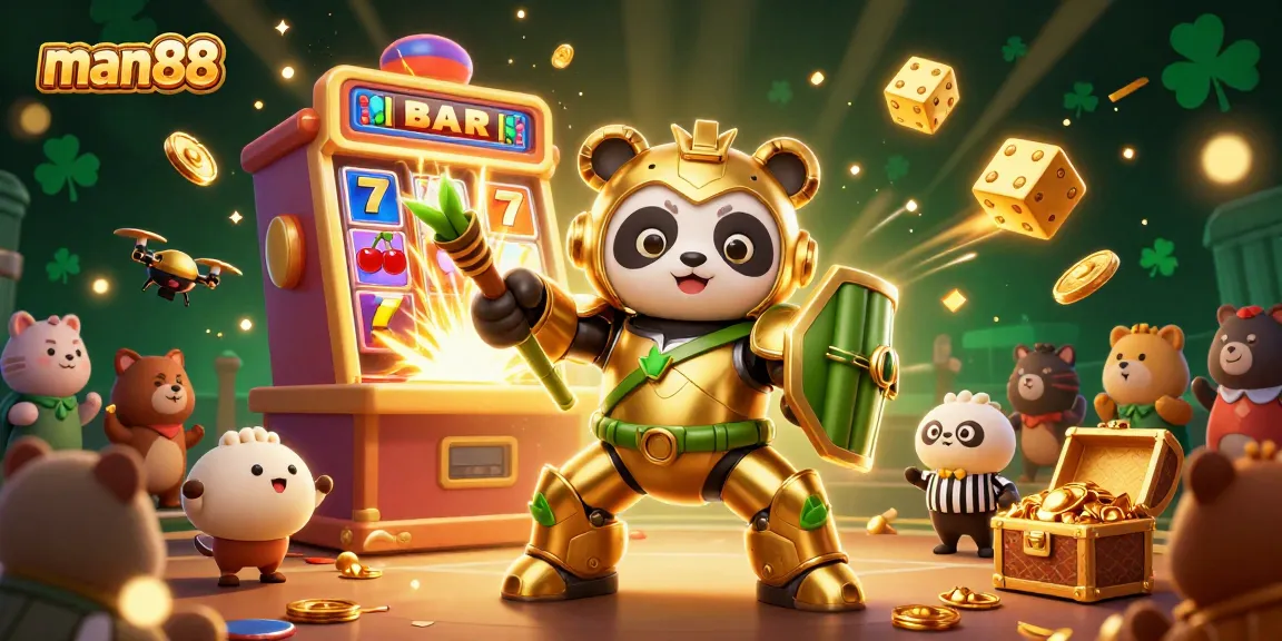 Engage with the man88 gaming experience featuring animated panda characters and dynamic casino symbols.