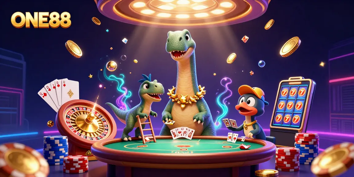 ONE88 casino scene featuring a brontosaurus, raptor dealer, and vibrant gaming elements