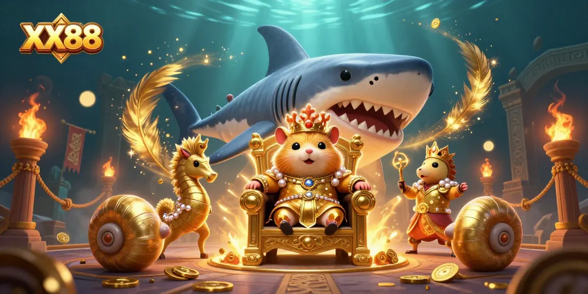 Engage in thrilling XX88 casino adventures with a fierce hamster king and seahorse guards.