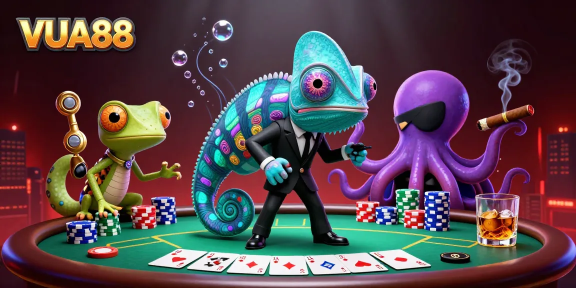 Join VUA88's thrilling poker scene with a chameleon agent, gadget-gecko, and octopus villain!