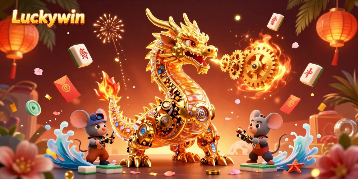 Engage with Luckywin's captivating casino universe featuring a golden dragon amidst thrilling gaming elements.