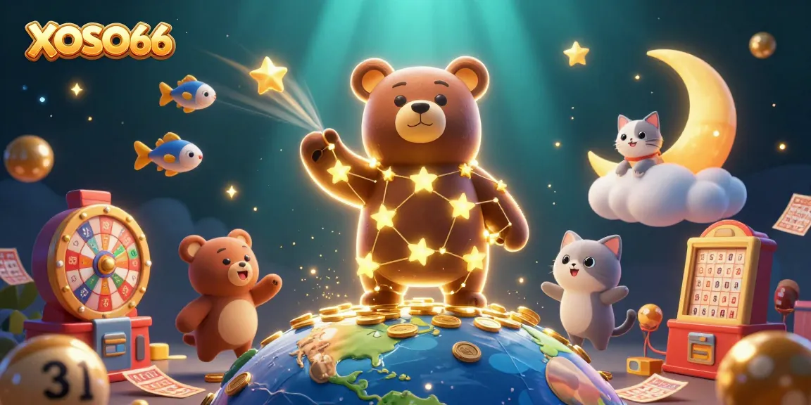 XOSO66 engages players with vibrant lottery elements, featuring coins falling from a constellation bear.