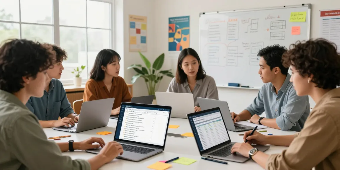 Teachers collaborating with EMStudio online teacher planner, showcasing an engaging classroom management application in an educational workspace.