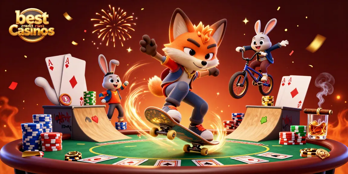 Experience the thrill of the best credit card casinos with cartoon fox and rabbit at a dynamic gaming scene.