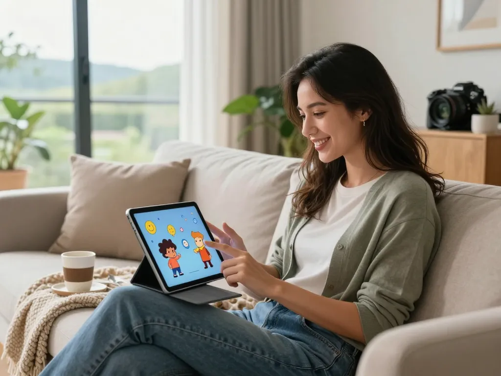 User interacting with an AI girlfriend on a tablet in a cozy living room, showcasing digital companionship.