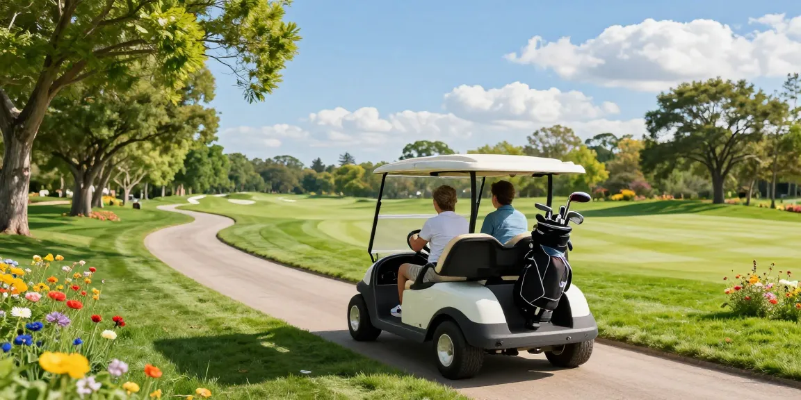Family enjoying a ride in a stylish electric golf cart at Golf Cart Emporium, surrounded by green landscapes.