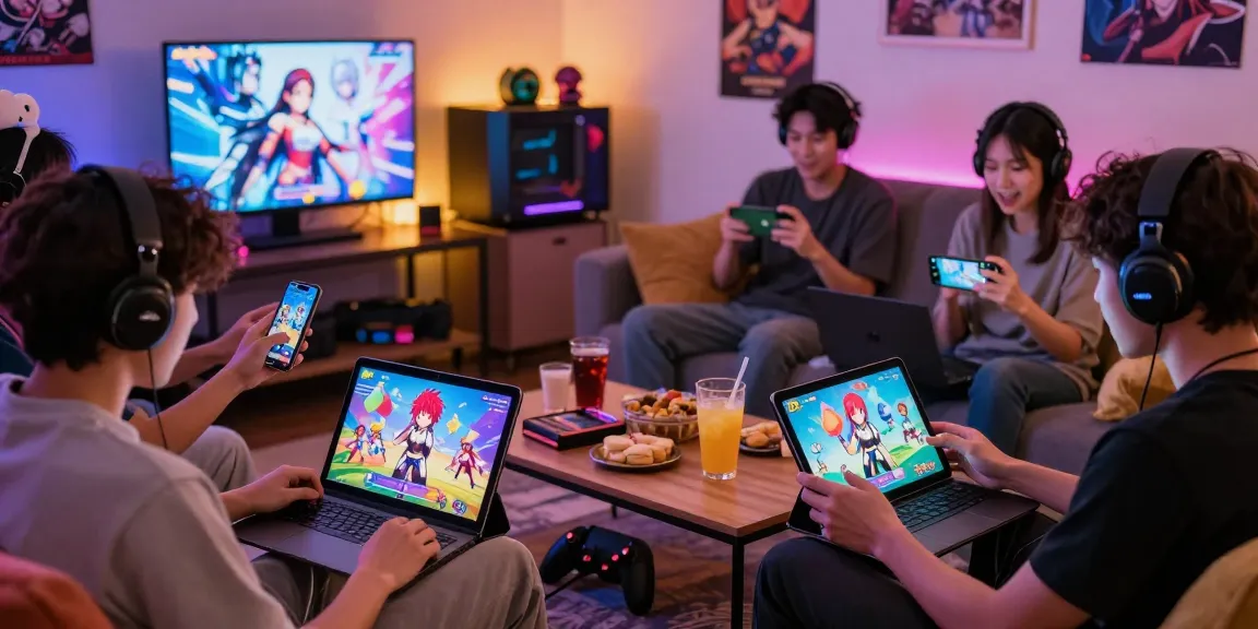 Players enjoying an immersive hentai game experience on multiple devices in a vibrant setting.
