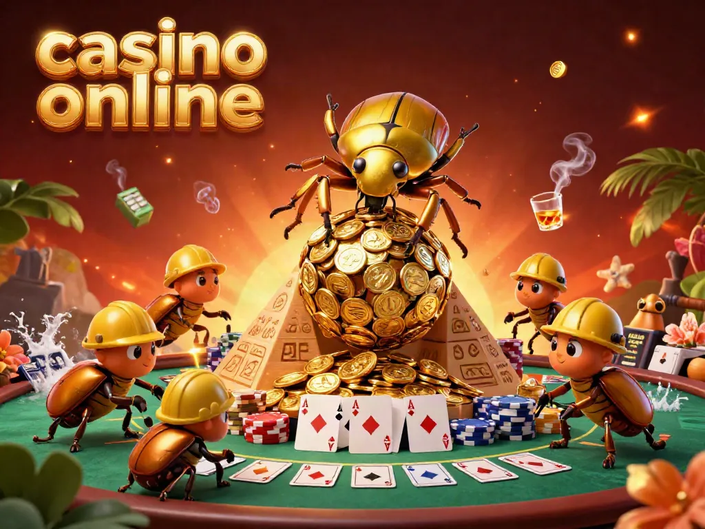 Experience the thrill of casino online with elite beetles rolling golden coins in a vibrant illustration.