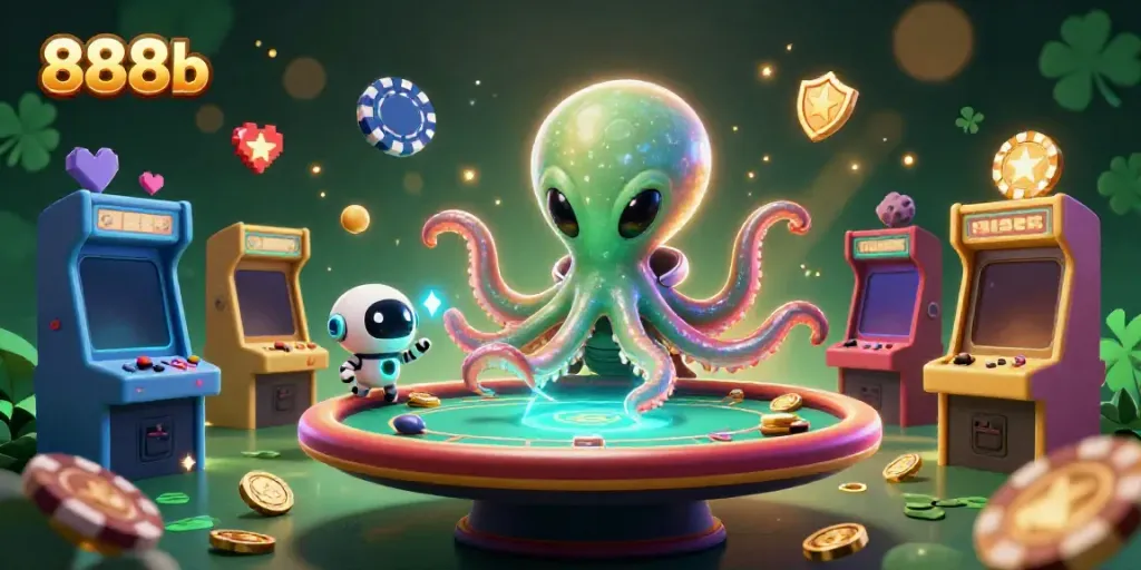 Engage with the 888b alien octopus at a holographic poker table amidst vibrant gaming elements.