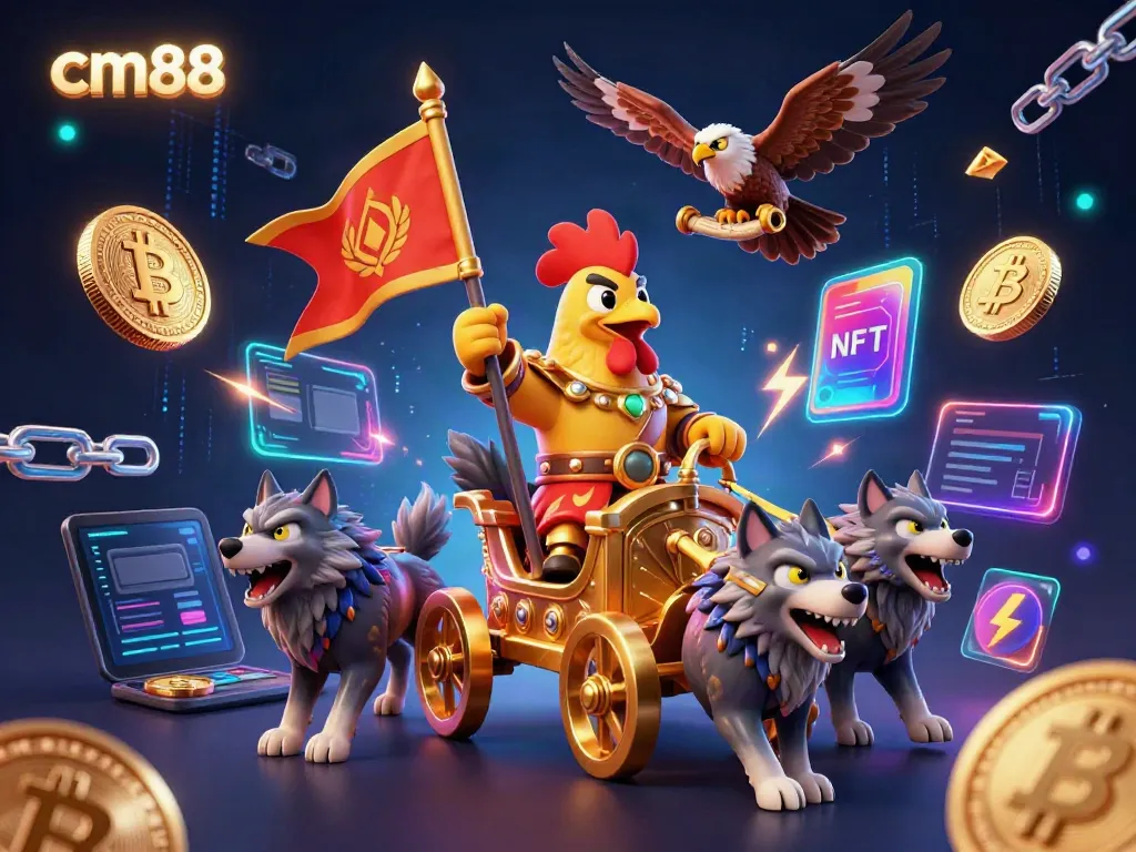 Engage with cm88's vibrant gaming world featuring a cartoon rooster warlord and crypto symbols.