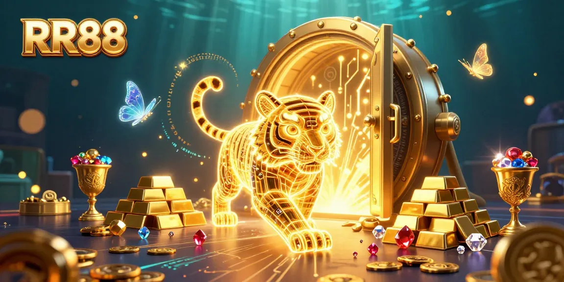 Experience the thrilling RR88 digital casino with a neon tiger and treasure bursting with excitement.