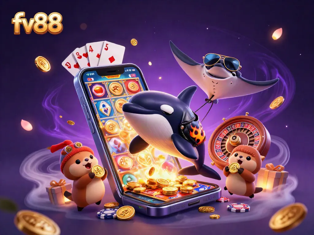 Experience thrilling gameplay with fv88 featuring a 3D cartoon orca and vibrant casino elements.