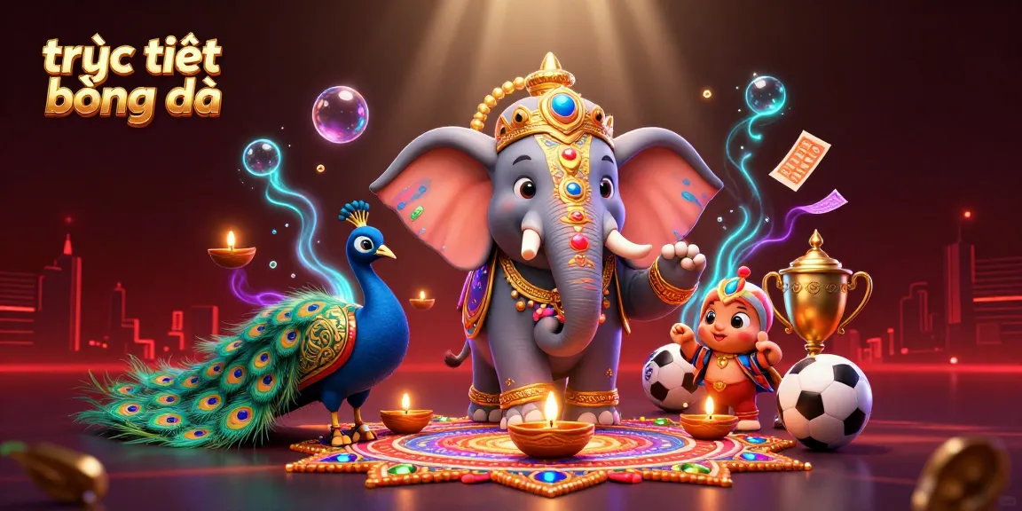 Experience thrilling trực tiếp bóng đá with a colorful 3D illustration of elephants and peacocks in a dynamic casino setting.