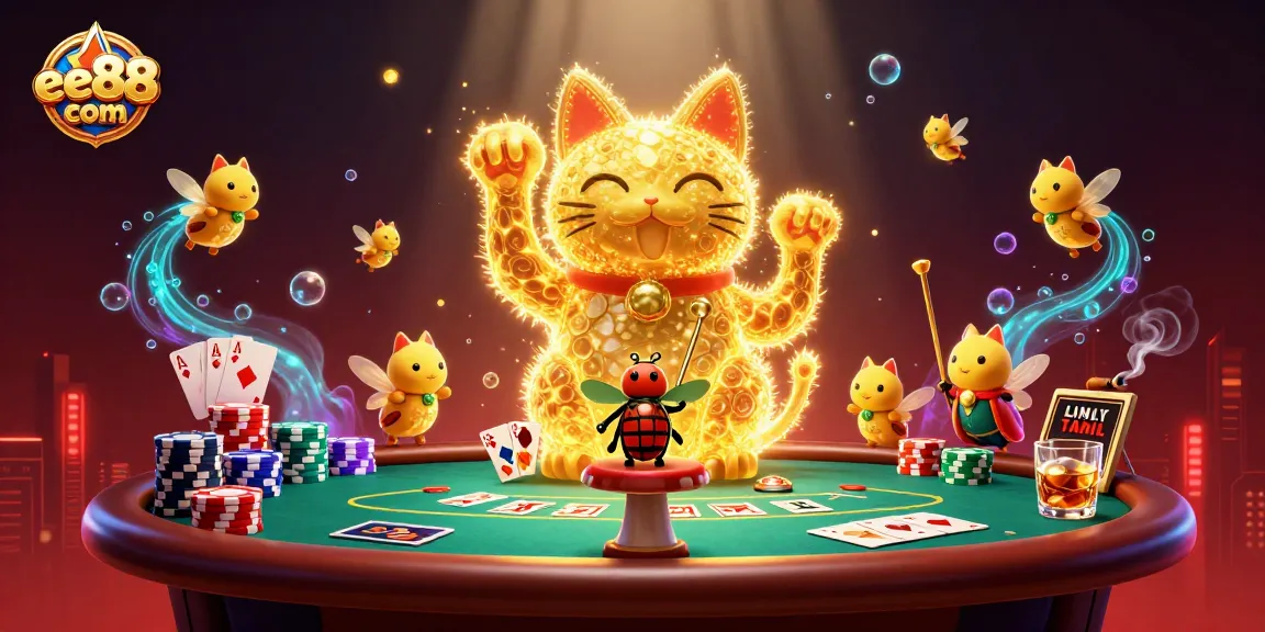 Engage in luck with ee88 com, portrayed by a vibrant lucky cat made of fireflies amidst exciting casino symbols.