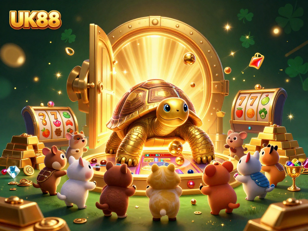 Engage in thrilling slots action with UK88 featuring a vibrant tortoise and treasure scene.