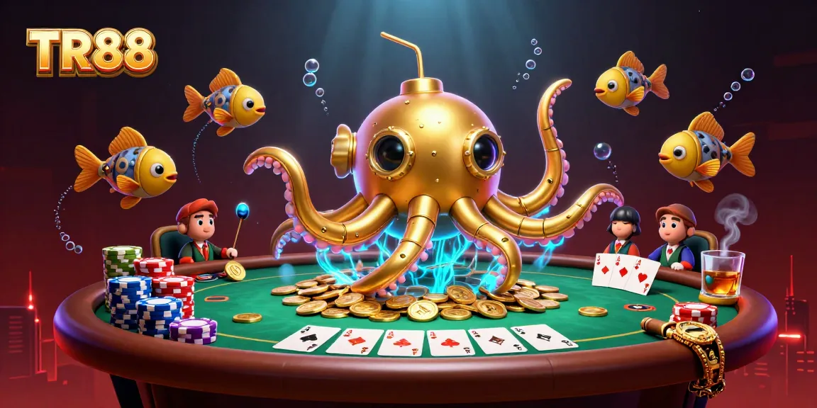 Engage in thrilling gaming at TR88, where a golden kraken submarine surfaces amidst golden coins and vibrant poker elements.