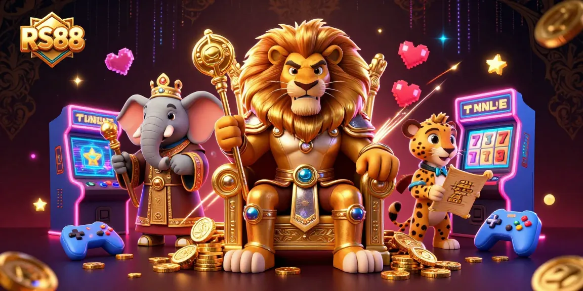 Experience thrilling moments with RS88 at a vibrant casino featuring slot machines and playful characters.