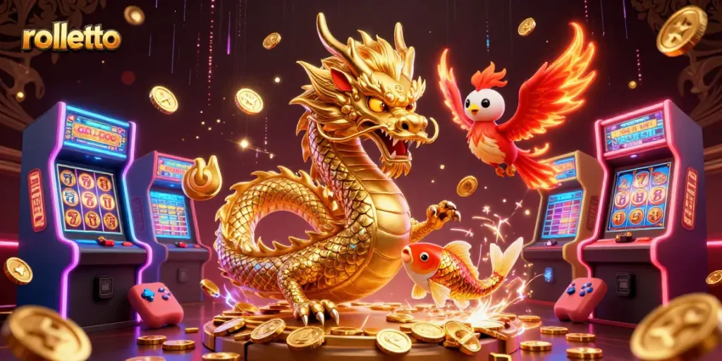 Spin to win with Rolletto's vibrant 3D casino scene featuring a golden dragon and exciting game elements.
