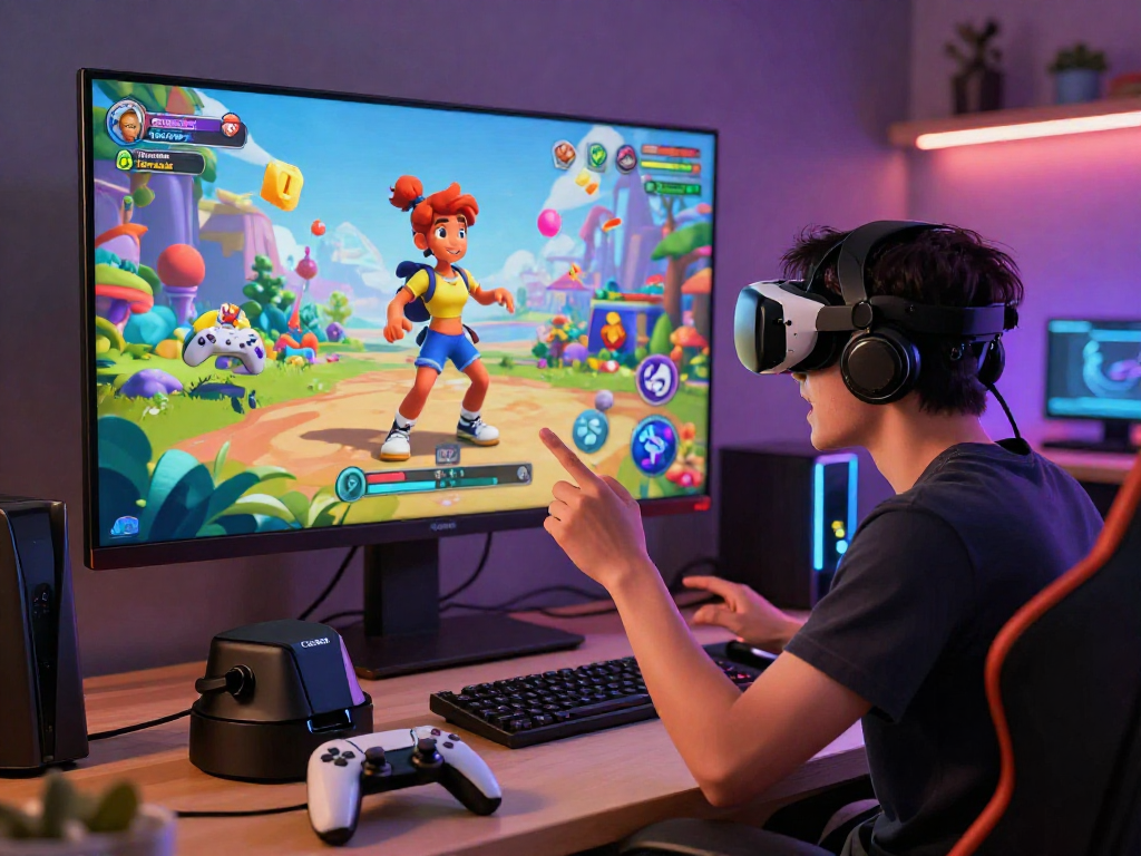Engaging scene showcasing a character in popular porn games, with dynamic gaming elements in a colorful environment.