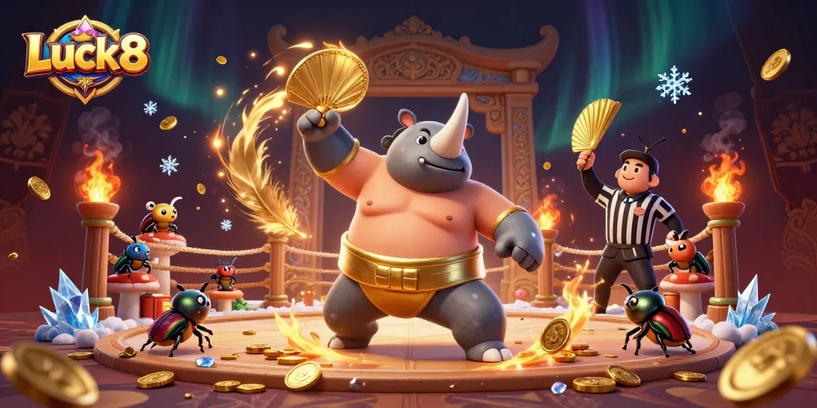 Experience exciting gameplay at Luck8 with a cartoon rhinoceros beetle champion amidst flying coins and spirited action.