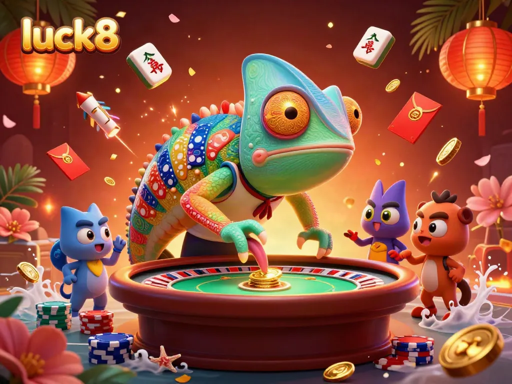 Experience excitement and winning potential at luck8 with a dynamic casino scene featuring vibrant characters and festive elements.
