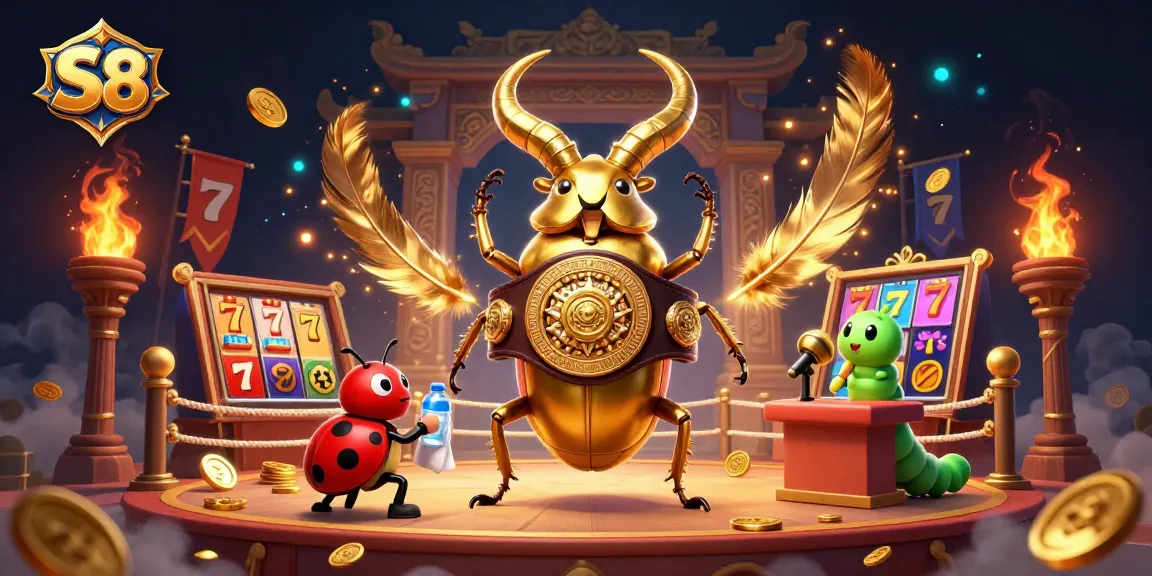 Engage with S8's vibrant casino scene featuring a giant stag beetle and colorful slot elements.