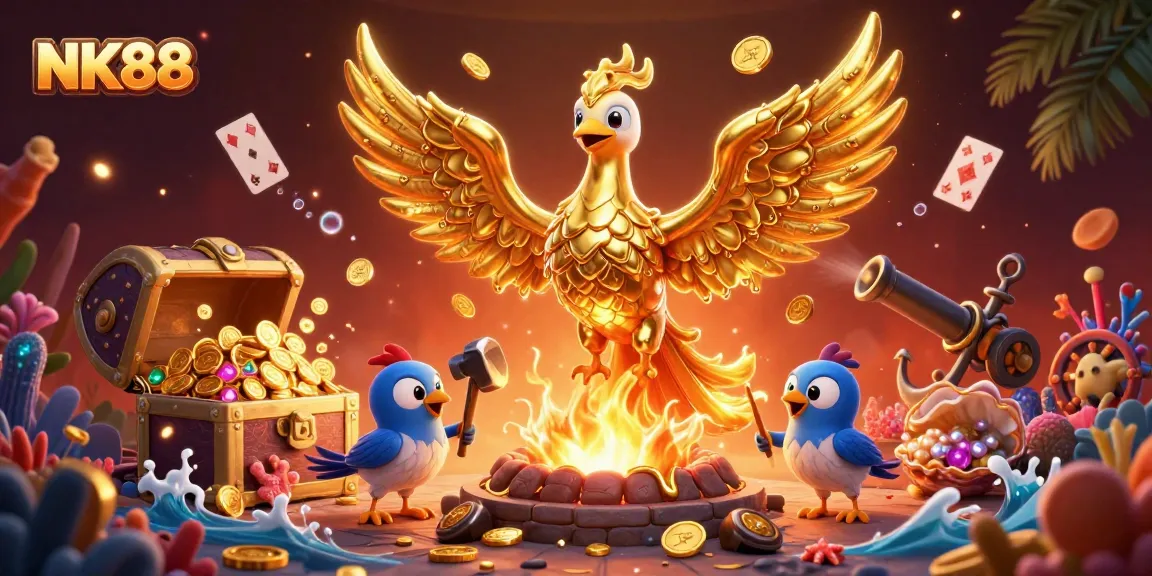 Experience the thrilling world of NK88 with a dynamic scene of a golden phoenix and vibrant game elements.