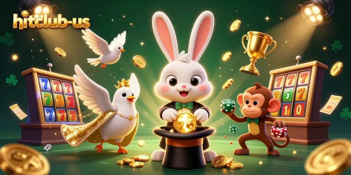 Spin the reels and win with hitclub-us, featuring a magician's rabbit and dynamic casino elements.