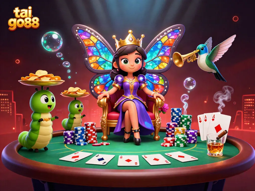 Experience the excitement with tai go88 as the butterfly queen presides over a vibrant casino scene filled with chips and cards.