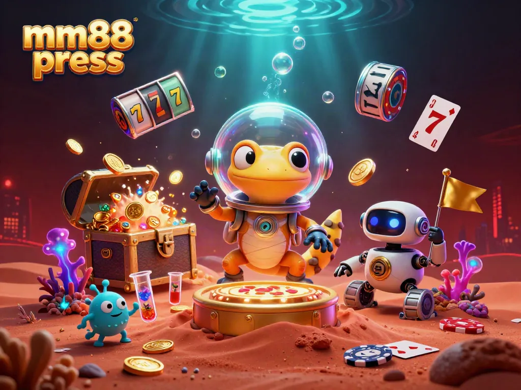 Experience the excitement of mm88 press with a cartoon Martian gecko exploring a golden casino in a rich, vibrant scene