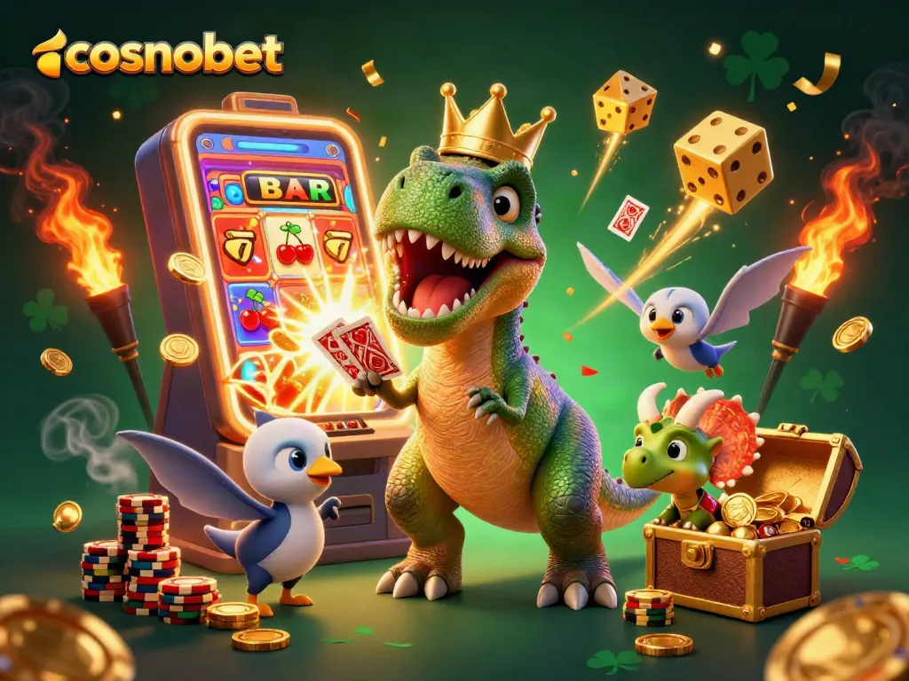 Engage with cosmobet through vibrant characters and a jackpot slot scene filled with games and excitement.
