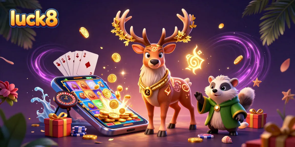 Experience vibrant luck8 slot games with a dynamic gaming scene featuring animated characters and casino elements.