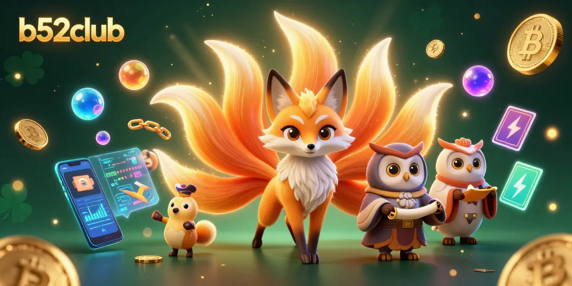 B52Club offers vibrant gaming fun with a nine-tailed fox and wise owl amid colorful NFT elements and crypto coins.