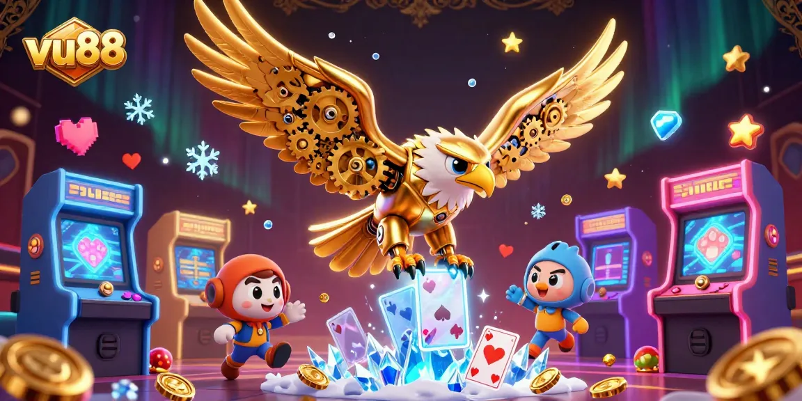Engage in thrilling casino gameplay featuring vu88 with a dynamic golden eagle and arcade elements.