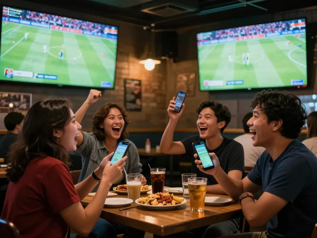 Bóng đá trực tuyến action in a lively sports bar with fans cheering and betting on mobile devices