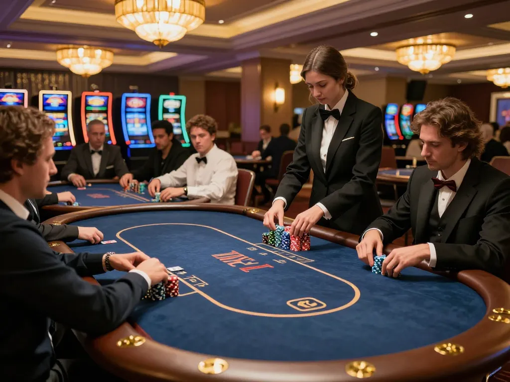 Players engaging in a high-stakes game on 23Win's elegant casino floor, showcasing vibrant chips and strategic gameplay