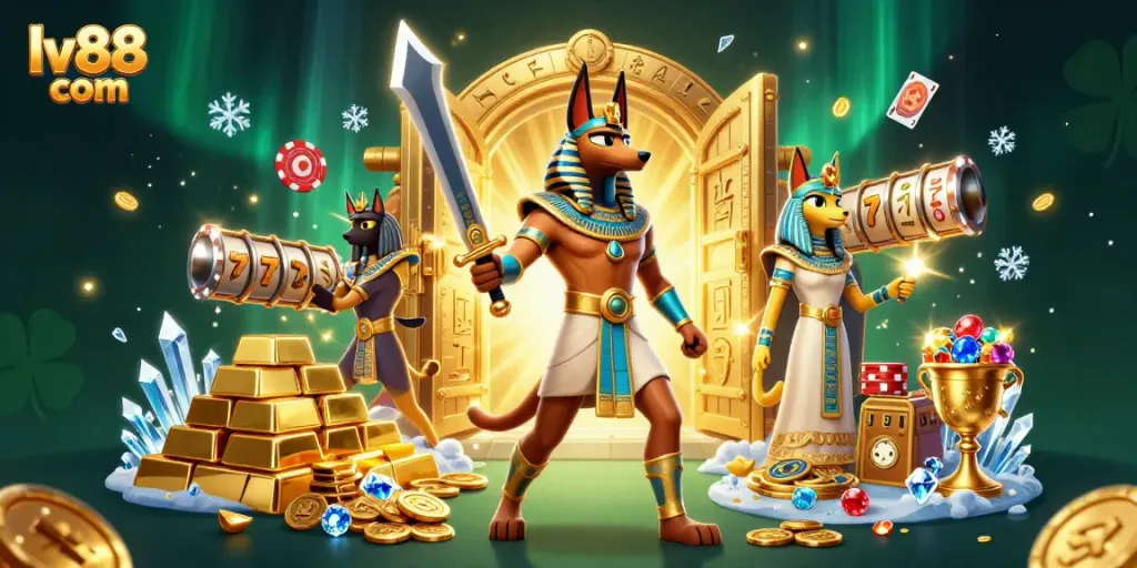 Experience thrilling gaming at lv88 com, featuring Anubis and rich gold treasures.