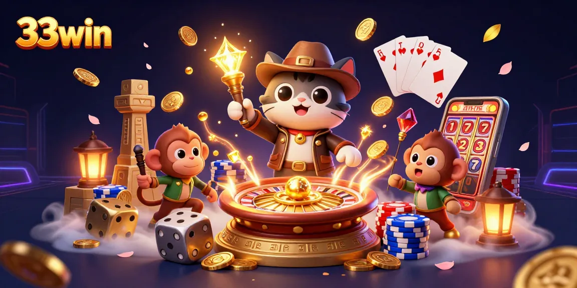 Experience the excitement of winning at 33win with vibrant casino elements and engaging characters.