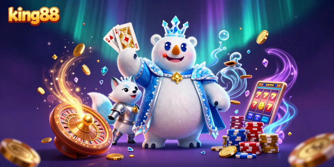 Experience king88's thrilling online gaming with polar bear king and snow fox, surrounded by vibrant casino elements.
