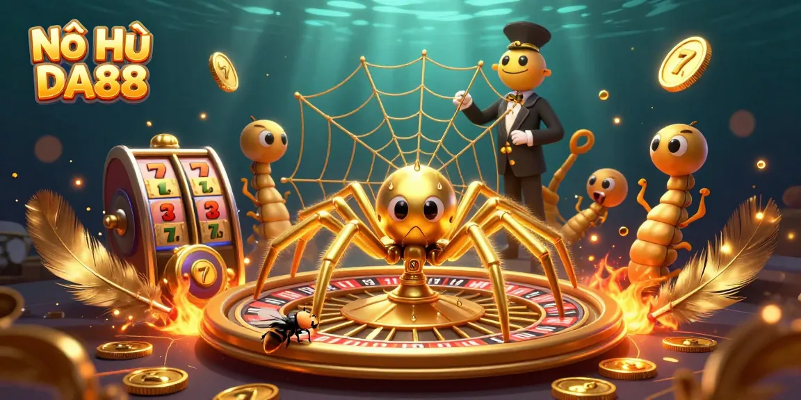Nổ Hũ DA88 spins exciting jackpots as a golden spider and croupier create thrilling bets.