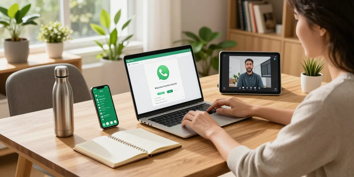 Using WhatsApp電腦版 on a laptop in a modern home office with a productive atmosphere.