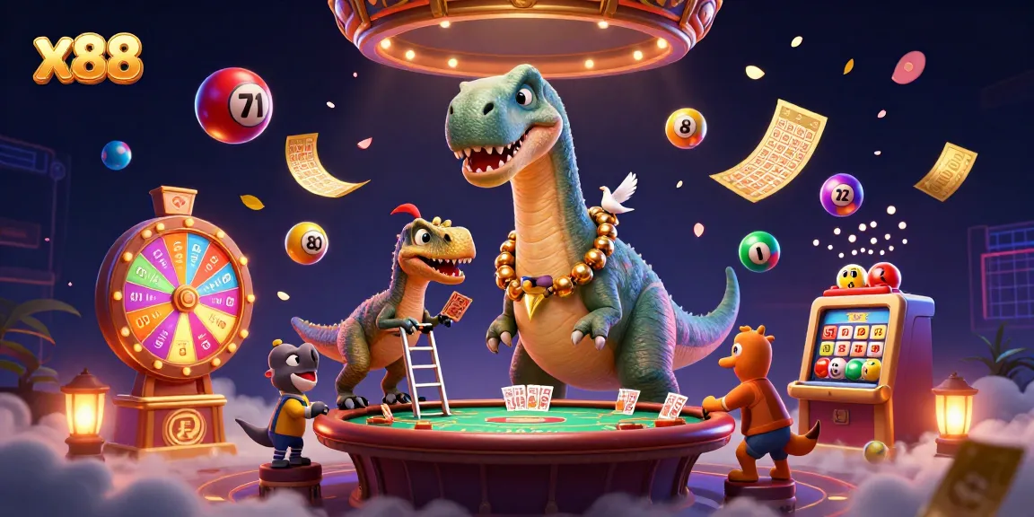 x88 players engaging in vibrant casino action with a giant cartoon dinosaur and raptor dealer