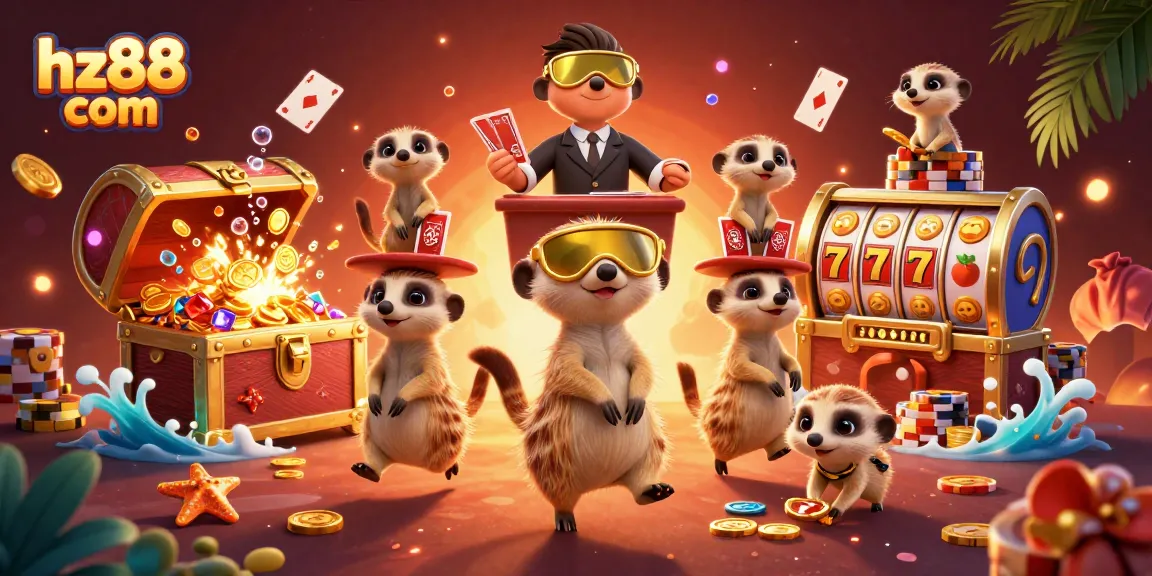 Engage in thrilling gameplay at hz88 com with vibrant 3D meerkat casino operators amidst floating playing cards and slot reels.