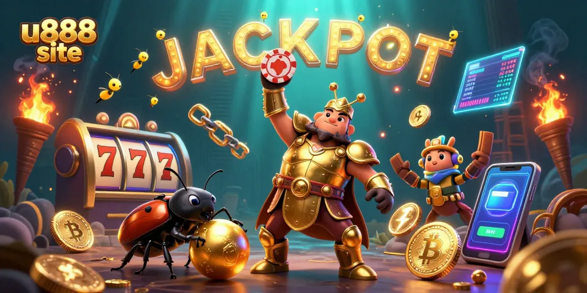Experience excitement at u888 site with a dynamic 3D beetle hero amidst casino elements.