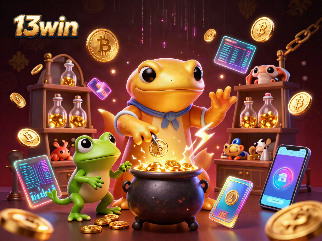 Experience the magic of 13win as a giant salamander alchemist crafts gold coins in a neon-lit casino.