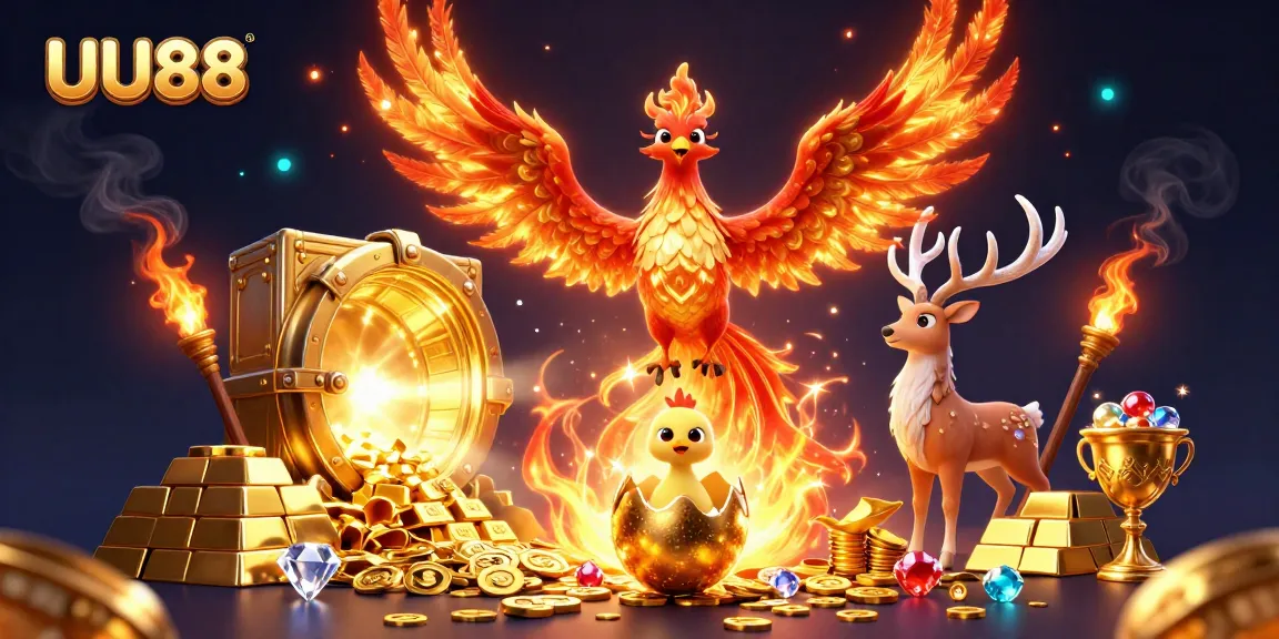 Experience thrilling gameplay at UU88, featuring golden treasures and mystical creatures adorned with vibrant details.